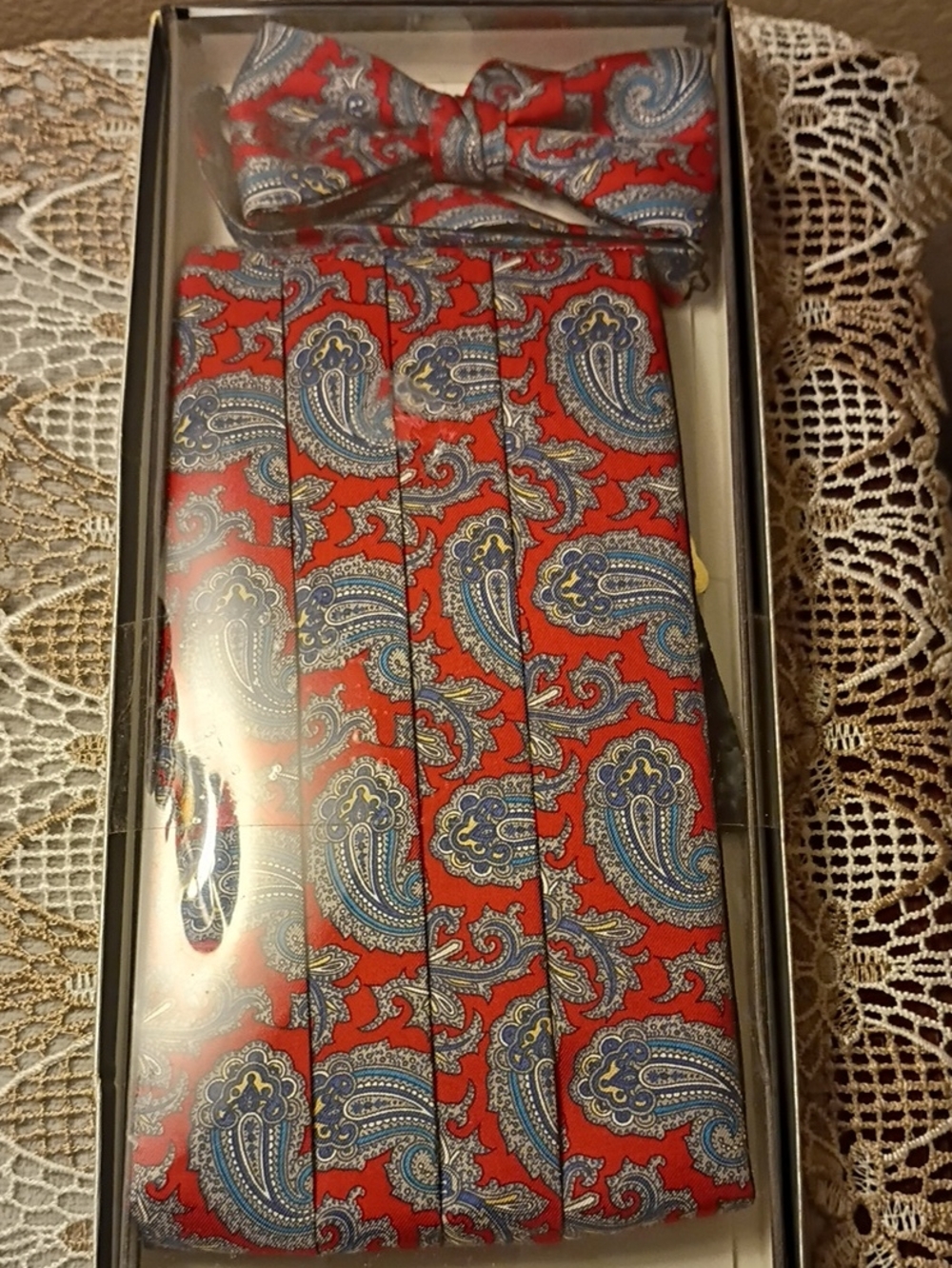 Men's All Silk Red Paisley Bow Tie and Cumberbund Set